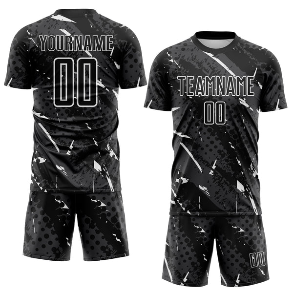 Custom Black White-Gray Brush Stroke Slashes And Dot Grid Sublimation Soccer Uniform Jersey