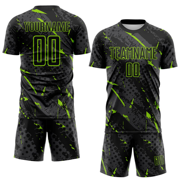 Custom Black Neon Green-Gray Brush Stroke Slashes And Dot Grid Sublimation Soccer Uniform Jersey