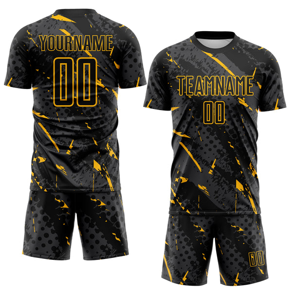 Custom Black Gold-Gray Brush Stroke Slashes And Dot Grid Sublimation Soccer Uniform Jersey