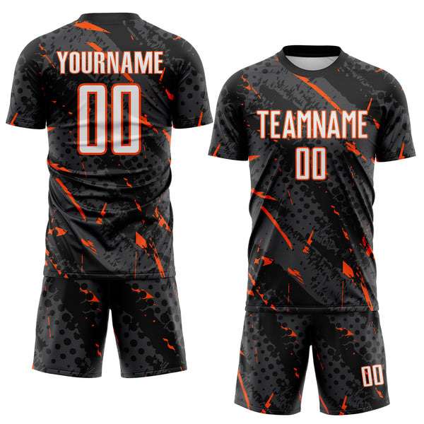Custom Black White Orange-Gray Brush Stroke Slashes And Dot Grid Sublimation Soccer Uniform Jersey