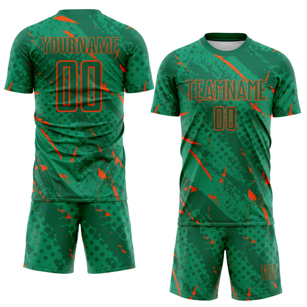 Custom Kelly Green-Orange Brush Stroke Slashes And Dot Grid Sublimation Soccer Uniform Jersey
