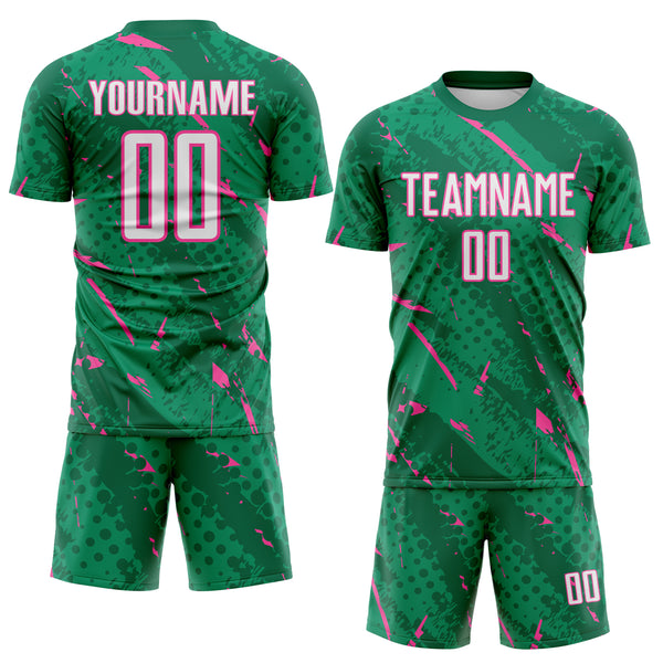 Custom Kelly Green White-Pink Brush Stroke Slashes And Dot Grid Sublimation Soccer Uniform Jersey
