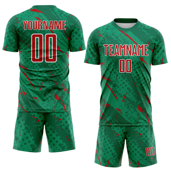 Custom Kelly Green Red-White Brush Stroke Slashes And Dot Grid Sublimation Soccer Uniform Jersey