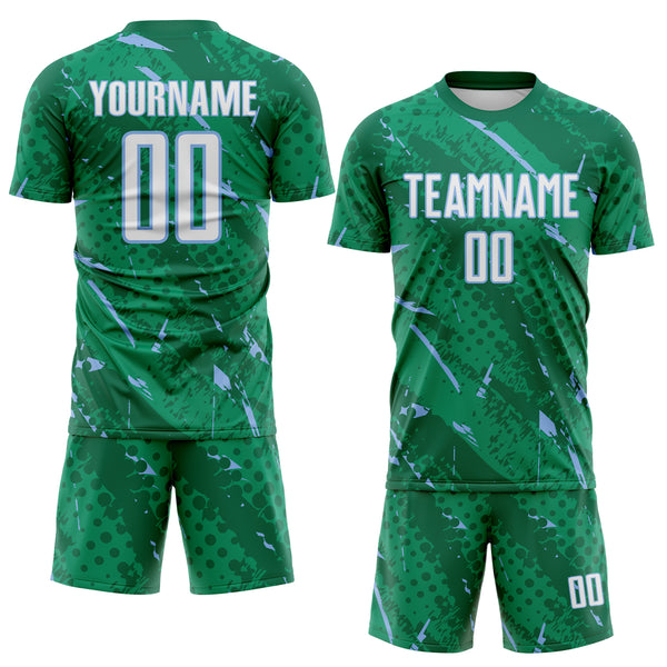 Custom Kelly Green White-Light Blue Brush Stroke Slashes And Dot Grid Sublimation Soccer Uniform Jersey