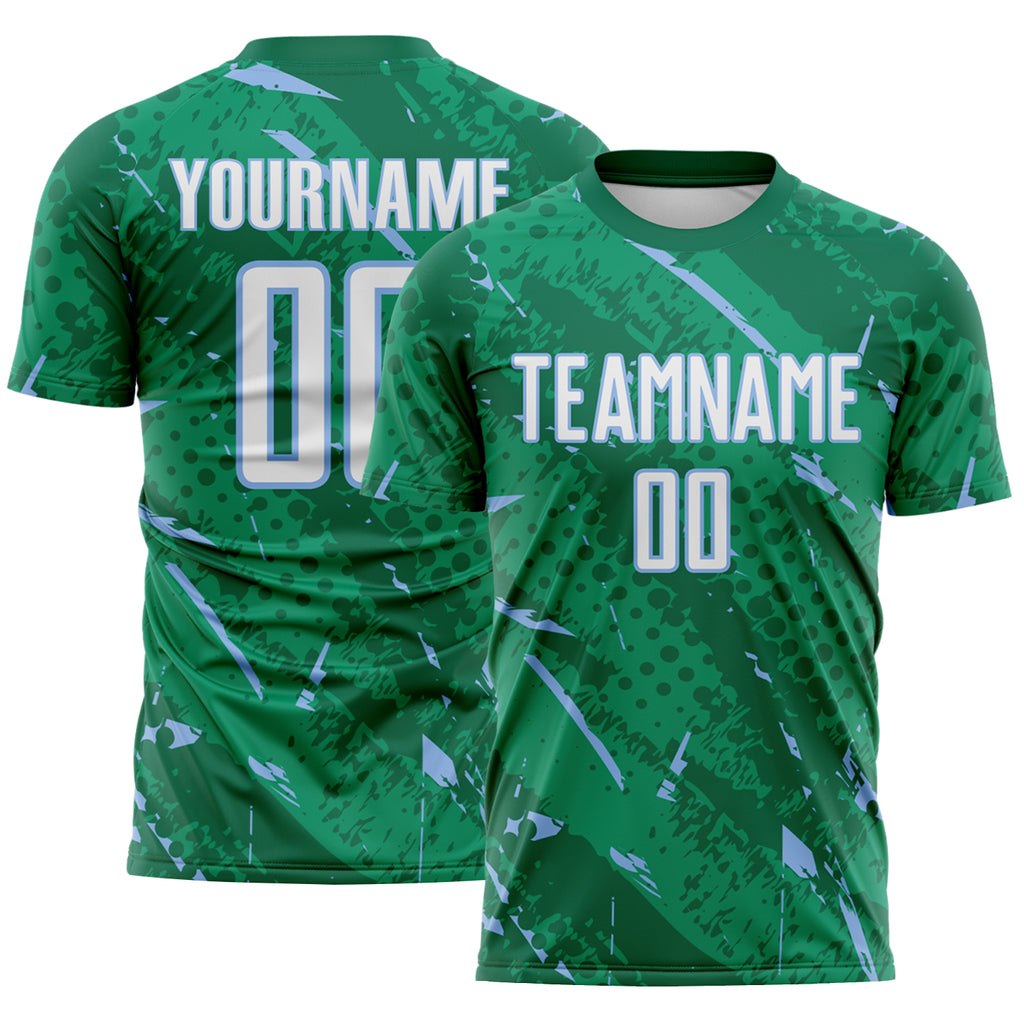 Custom Kelly Green White-Light Blue Brush Stroke Slashes And Dot Grid Sublimation Soccer Uniform Jersey