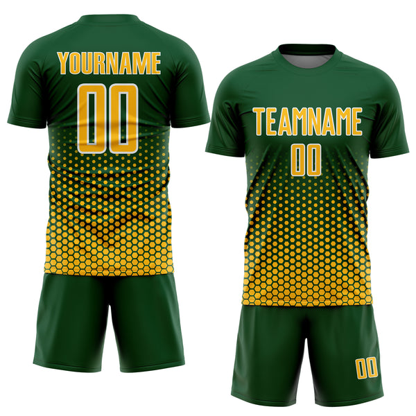 Custom Green Gold-White Geometric Hexagonal Dot Gradient Sublimation Soccer Uniform Jersey