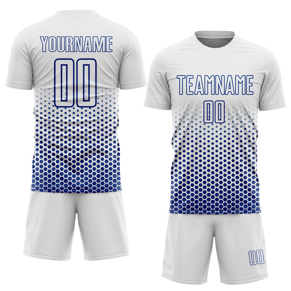 Custom White-Royal Geometric Hexagonal Dot Gradient Sublimation Soccer Uniform Jersey