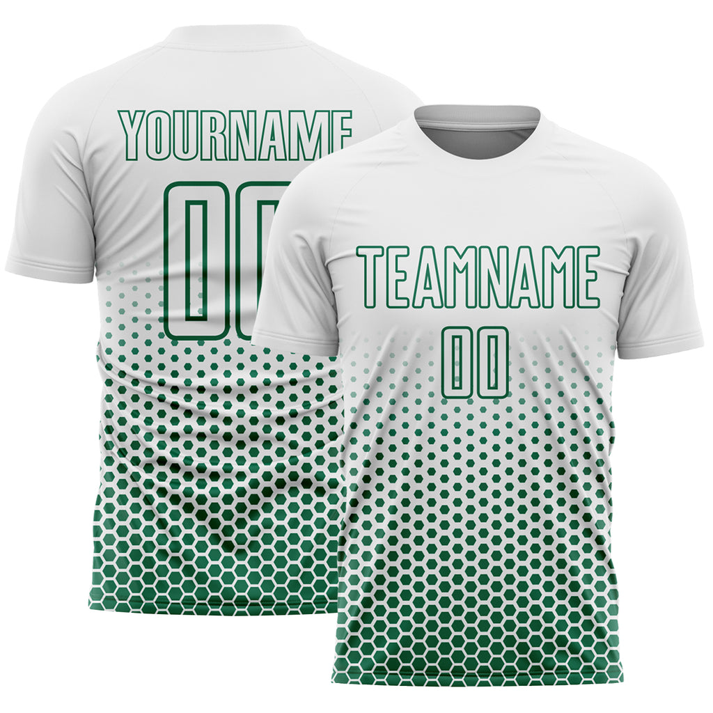 Custom White-Kelly Green Geometric Hexagonal Dot Gradient Sublimation Soccer Uniform Jersey