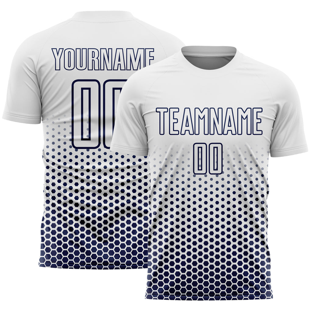 Custom White-Navy Geometric Hexagonal Dot Gradient Sublimation Soccer Uniform Jersey