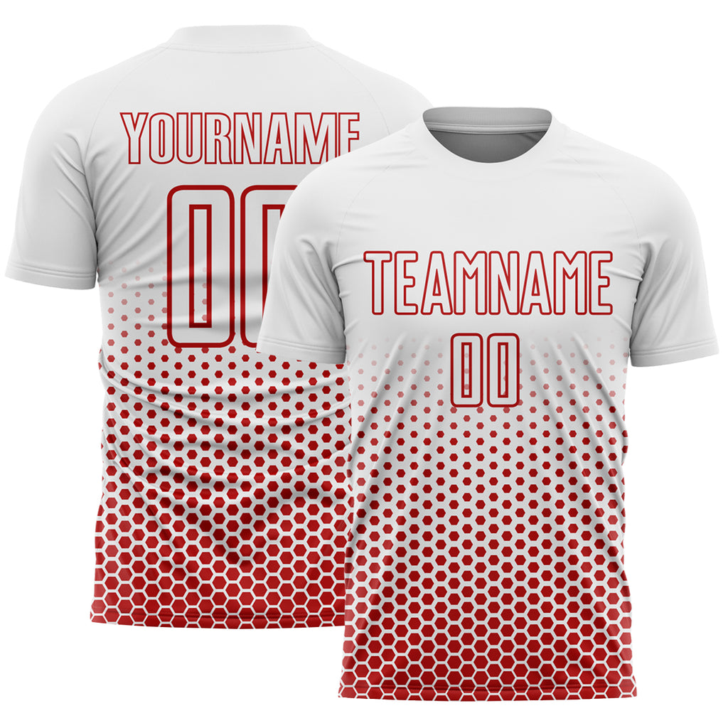 Custom White-Red Geometric Hexagonal Dot Gradient Sublimation Soccer Uniform Jersey
