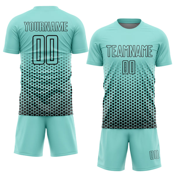 Custom Ice Blue-Black Geometric Hexagonal Dot Gradient Sublimation Soccer Uniform Jersey
