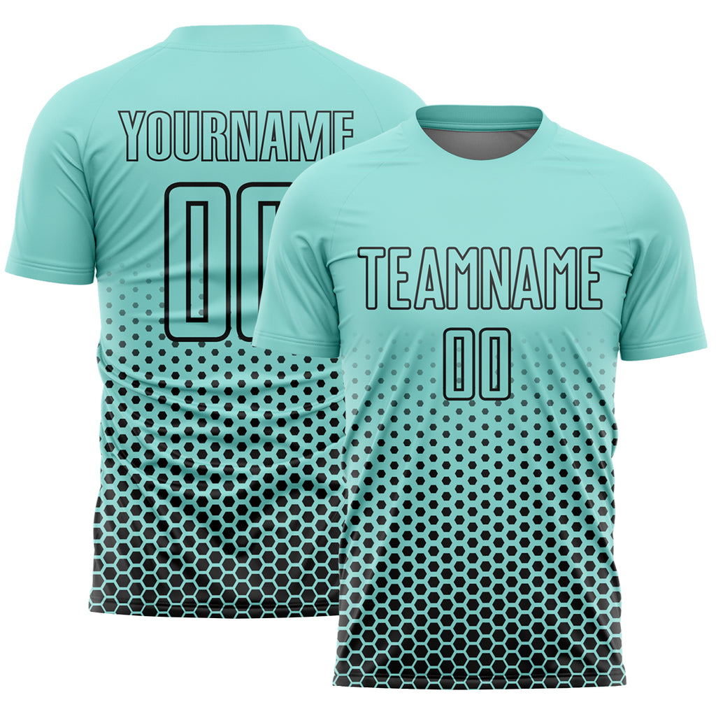 Custom Ice Blue-Black Geometric Hexagonal Dot Gradient Sublimation Soccer Uniform Jersey