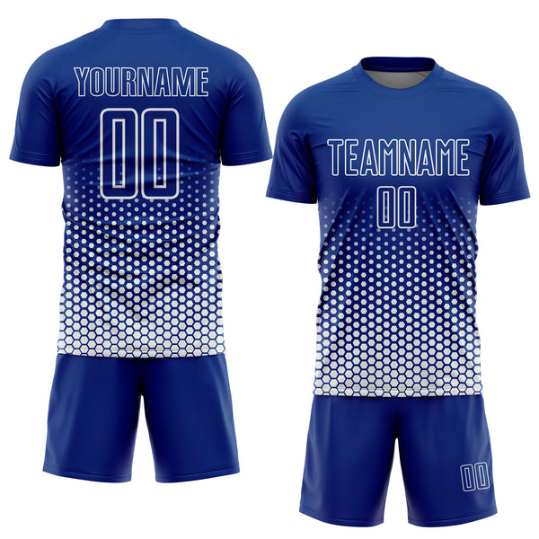 Custom Royal-White Geometric Hexagonal Dot Gradient Sublimation Soccer Uniform Jersey