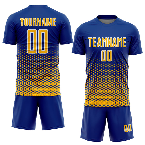 Custom Royal Gold-White Geometric Hexagonal Dot Gradient Sublimation Soccer Uniform Jersey