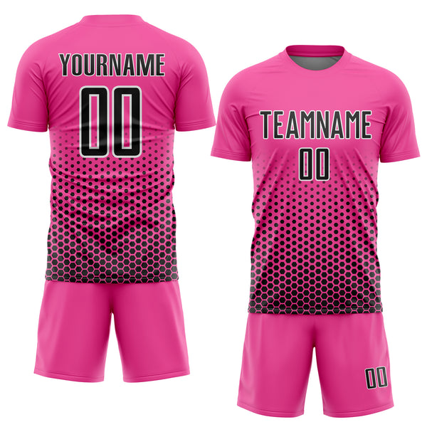 Custom Pink Black-White Geometric Hexagonal Dot Gradient Sublimation Soccer Uniform Jersey