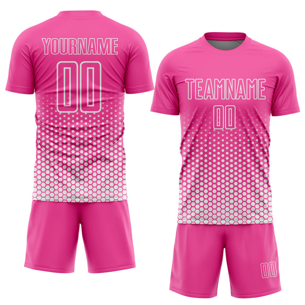 Custom Pink-White Geometric Hexagonal Dot Gradient Sublimation Soccer Uniform Jersey