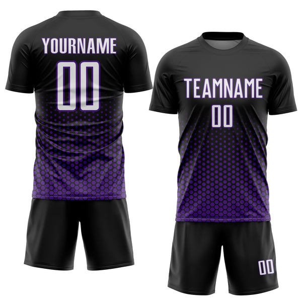 Custom Black White-Purple Geometric Hexagonal Dot Gradient Sublimation Soccer Uniform Jersey