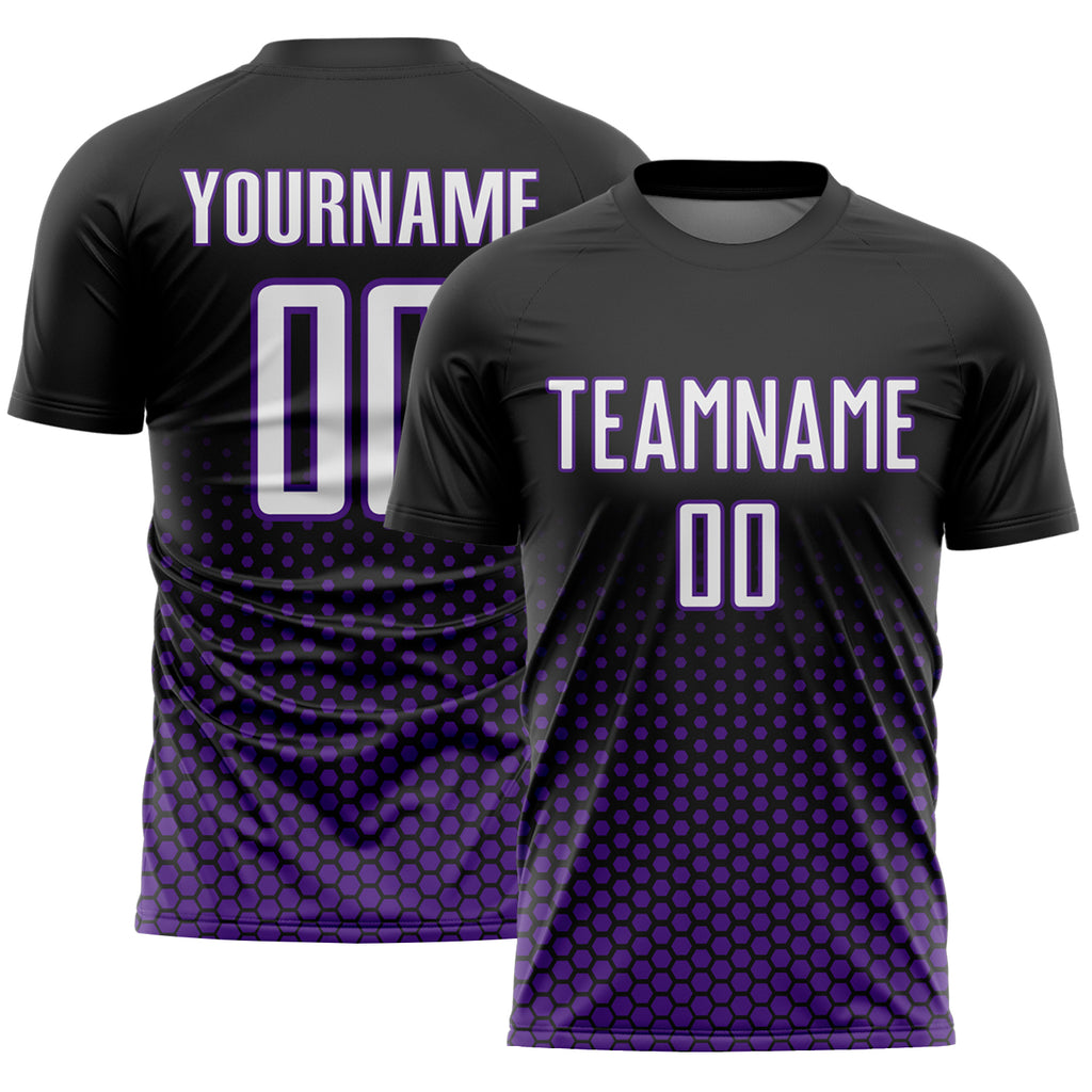 Custom Black White-Purple Geometric Hexagonal Dot Gradient Sublimation Soccer Uniform Jersey