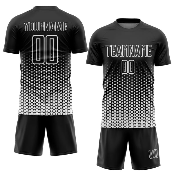 Custom Black-White Geometric Hexagonal Dot Gradient Sublimation Soccer Uniform Jersey
