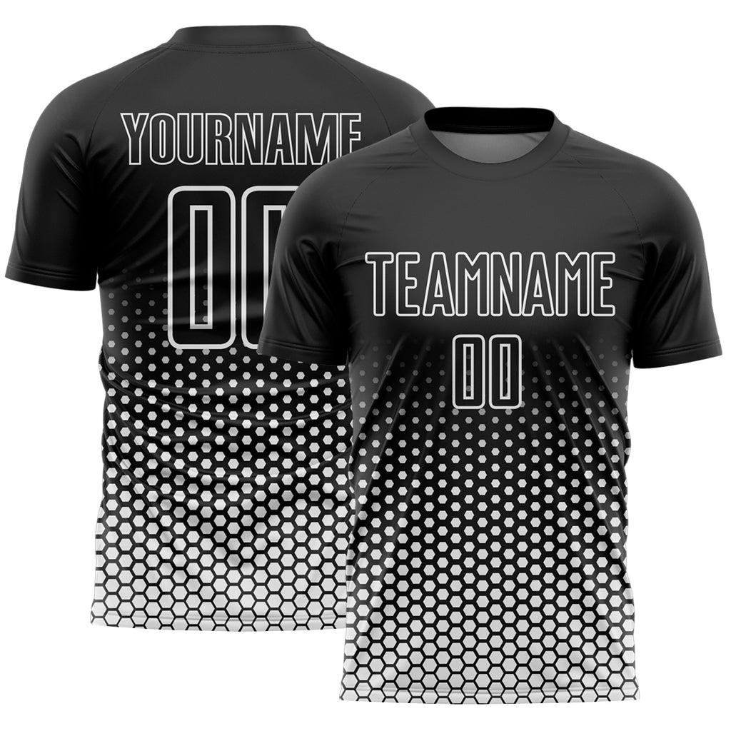 Custom Black-White Geometric Hexagonal Dot Gradient Sublimation Soccer Uniform Jersey