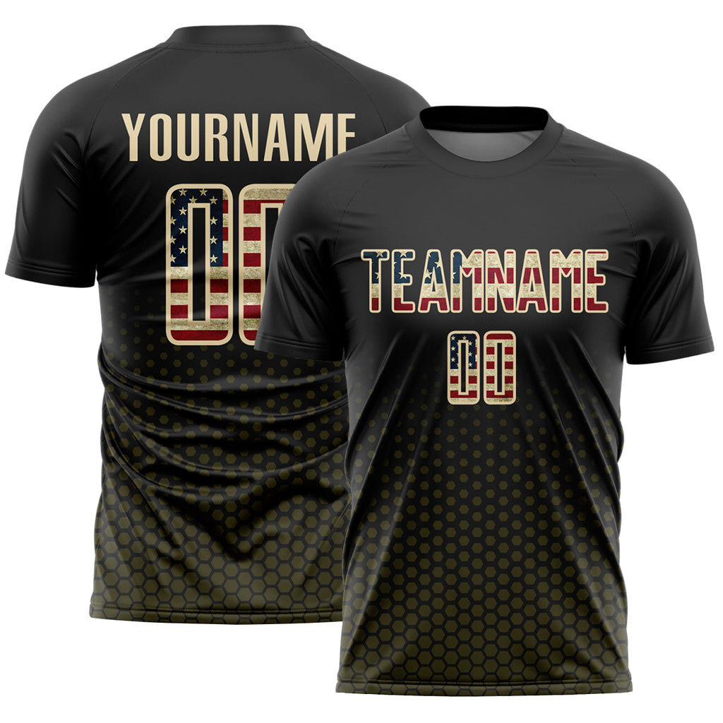 Custom Black Vintage USA Flag Olive-Cream Geometric Hexagonal Dot Gradient Sublimation Soccer Uniform Jersey