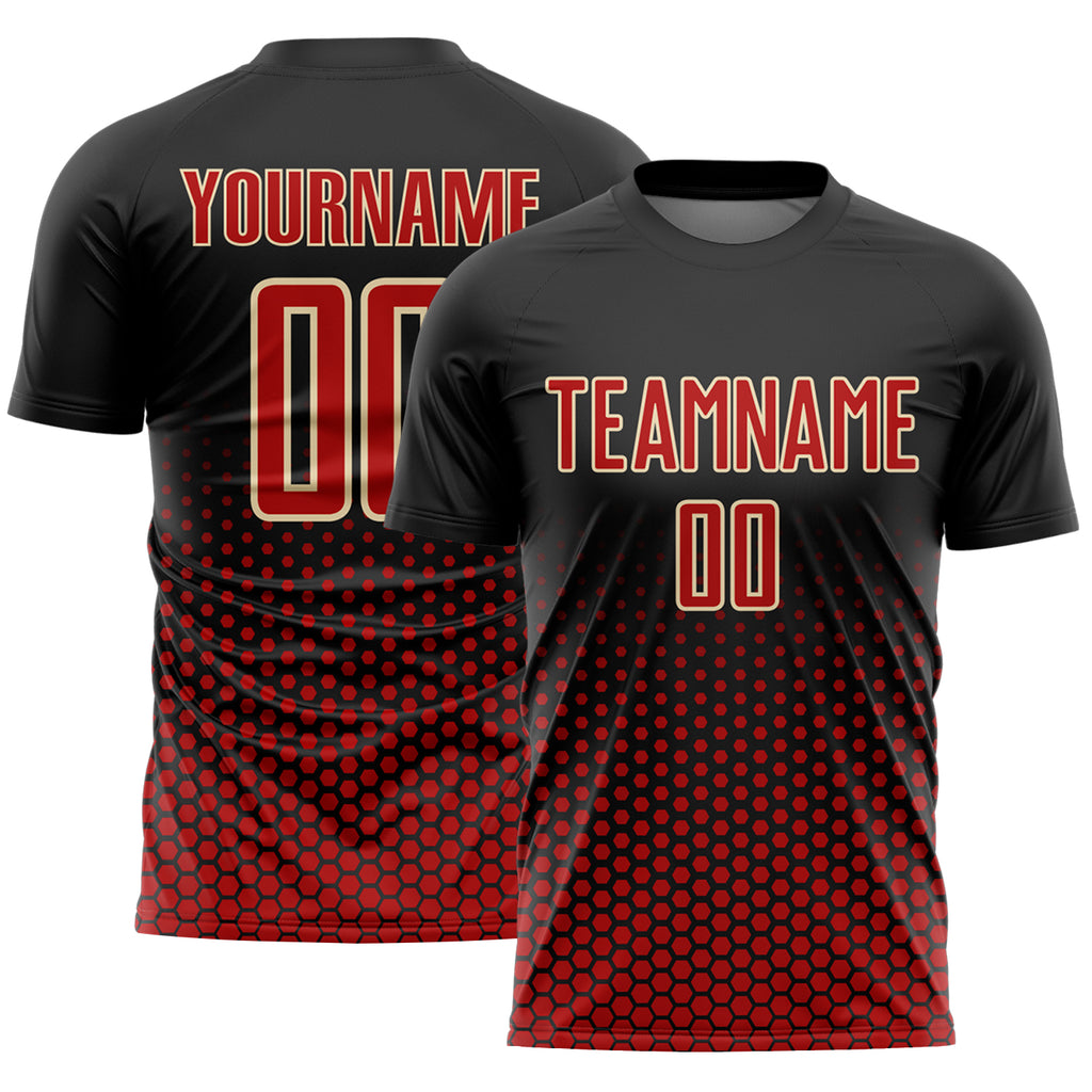 Custom Black Red-Cream Geometric Hexagonal Dot Gradient Sublimation Soccer Uniform Jersey