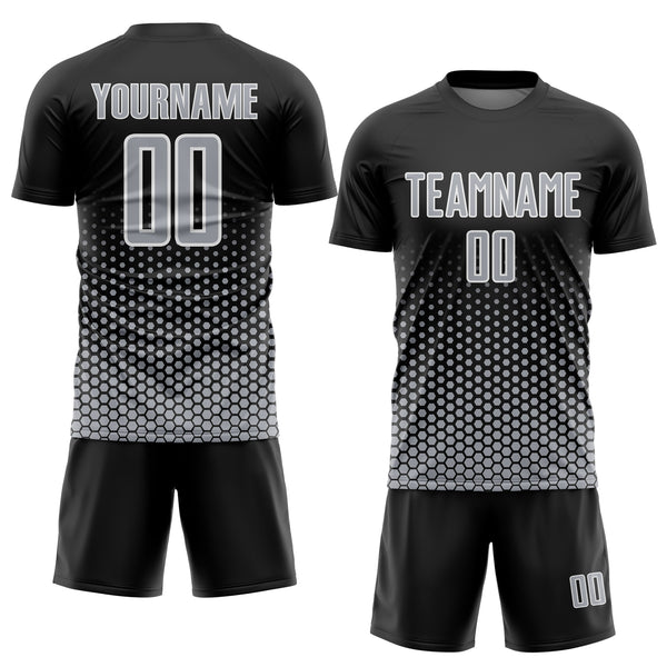Custom Black Gray-White Geometric Hexagonal Dot Gradient Sublimation Soccer Uniform Jersey
