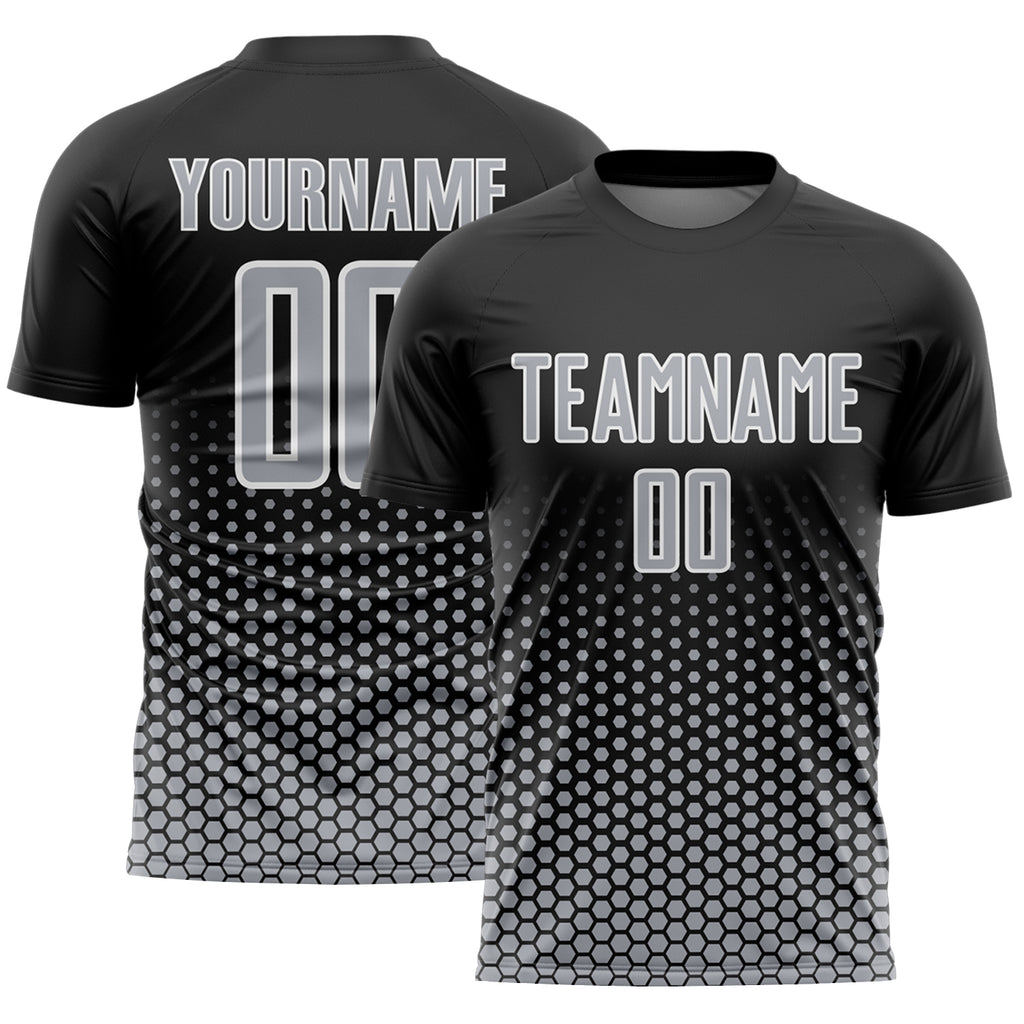Custom Black Gray-White Geometric Hexagonal Dot Gradient Sublimation Soccer Uniform Jersey