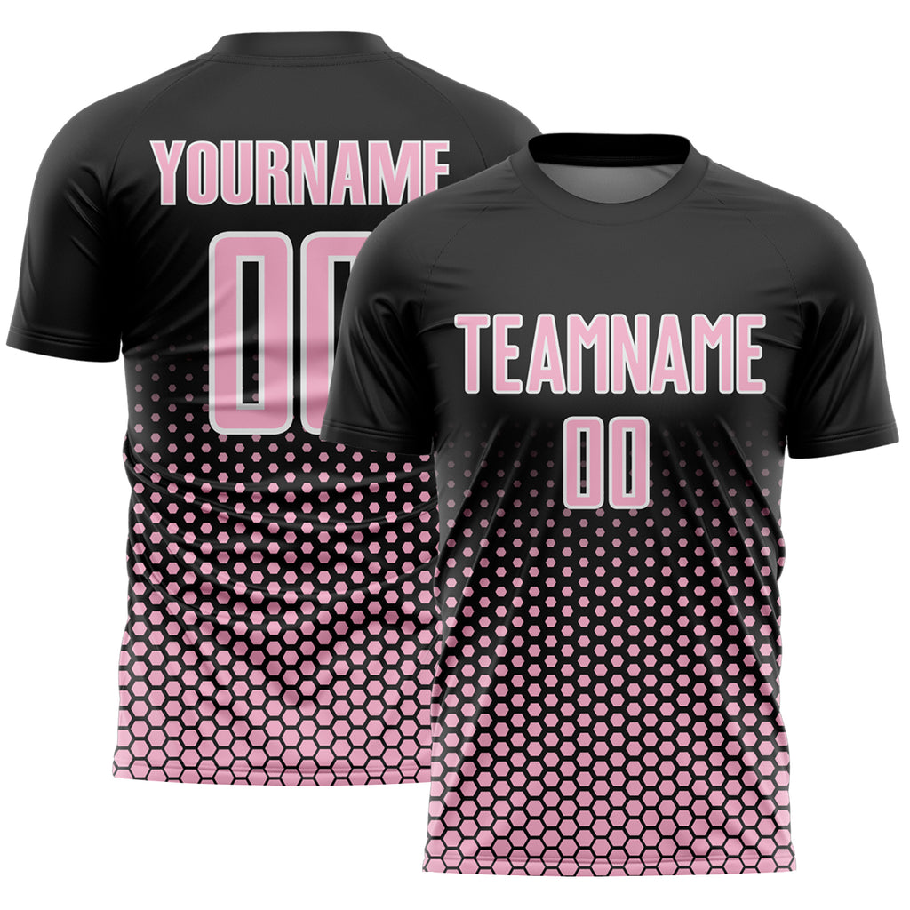 Custom Black Light Pink-White Geometric Hexagonal Dot Gradient Sublimation Soccer Uniform Jersey