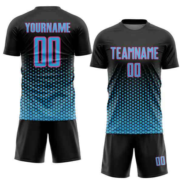 Custom Black Sky Blue-Pink Geometric Hexagonal Dot Gradient Sublimation Soccer Uniform Jersey