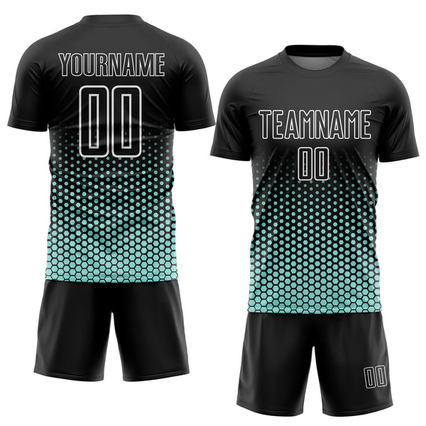 Custom Black Ice Blue-White Geometric Hexagonal Dot Gradient Sublimation Soccer Uniform Jersey