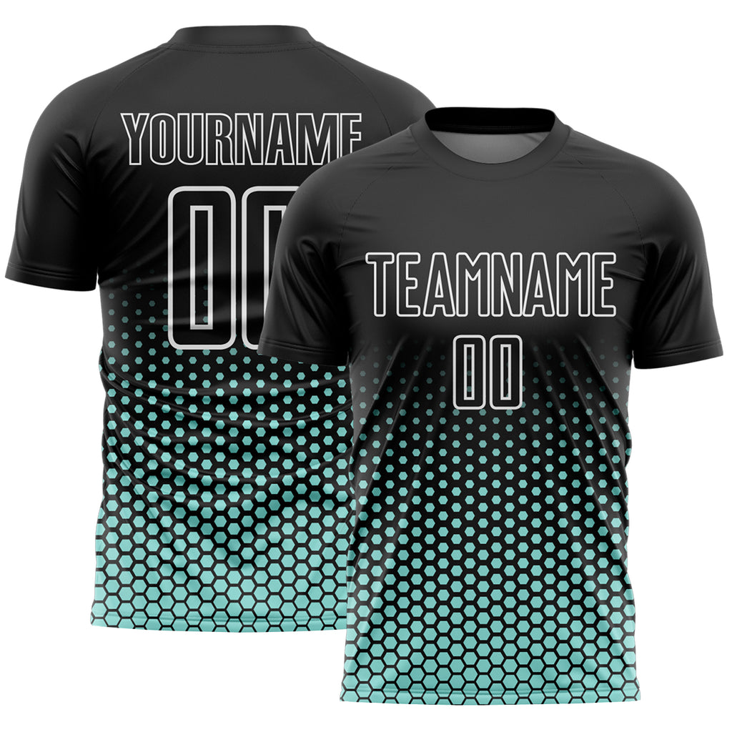 Custom Black Ice Blue-White Geometric Hexagonal Dot Gradient Sublimation Soccer Uniform Jersey