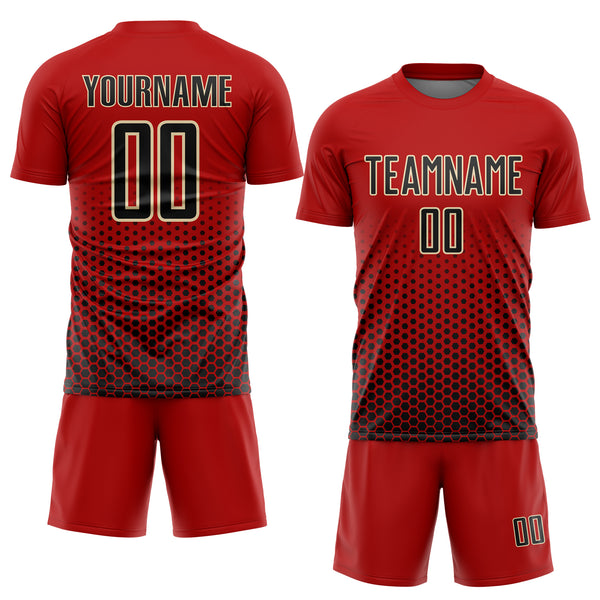 Custom Red Black-Cream Geometric Hexagonal Dot Gradient Sublimation Soccer Uniform Jersey