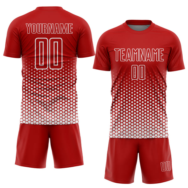 Custom Red-White Geometric Hexagonal Dot Gradient Sublimation Soccer Uniform Jersey