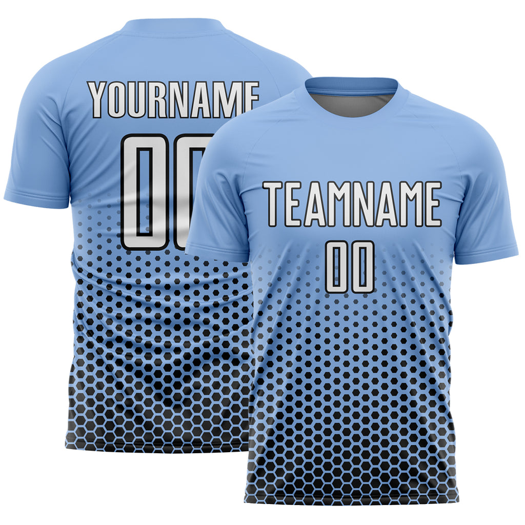 Custom Light Blue White-Black Geometric Hexagonal Dot Gradient Sublimation Soccer Uniform Jersey