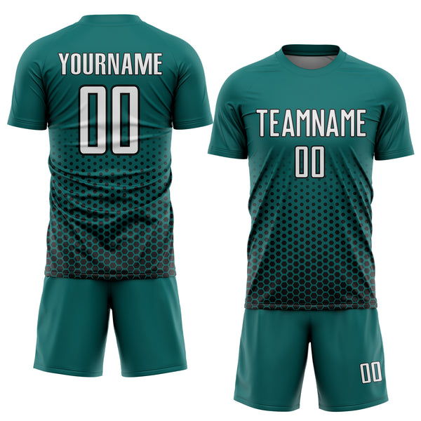 Custom Teal White-Black Geometric Hexagonal Dot Gradient Sublimation Soccer Uniform Jersey