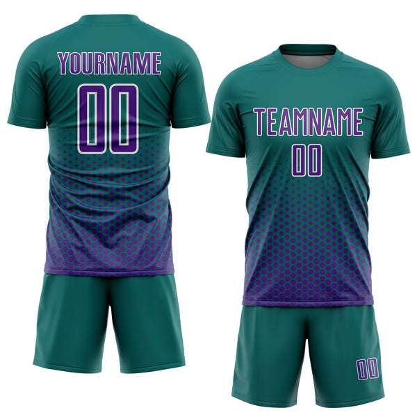 Custom Teal Purple-White Geometric Hexagonal Dot Gradient Sublimation Soccer Uniform Jersey