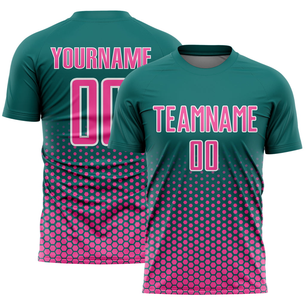 Custom Teal Pink-White Geometric Hexagonal Dot Gradient Sublimation Soccer Uniform Jersey