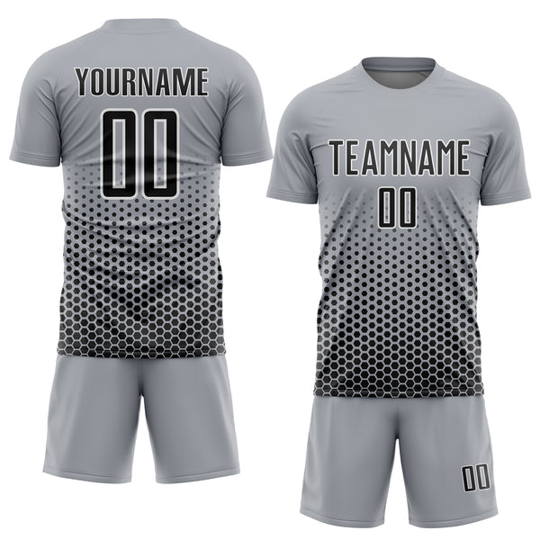 Custom Gray Black-White Geometric Hexagonal Dot Gradient Sublimation Soccer Uniform Jersey