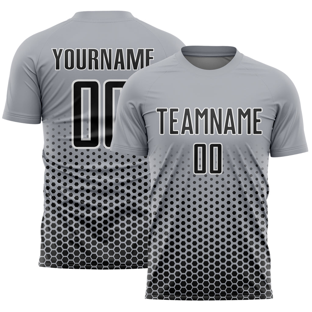 Custom Gray Black-White Geometric Hexagonal Dot Gradient Sublimation Soccer Uniform Jersey