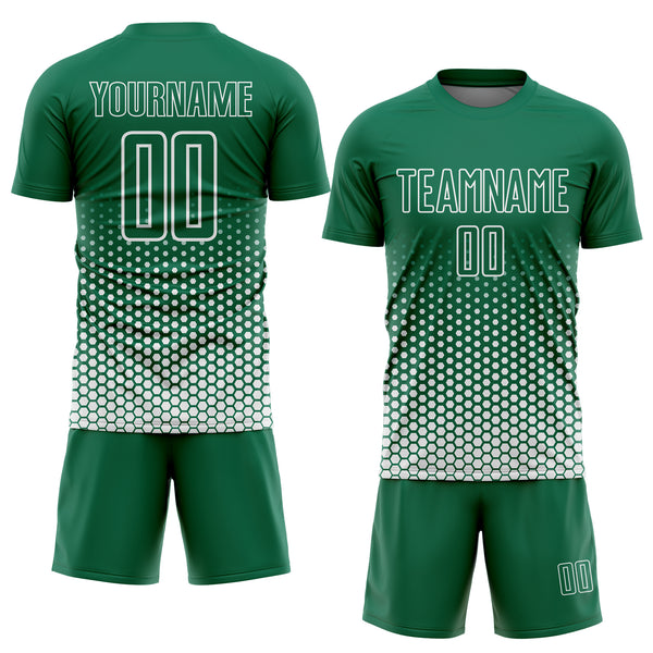 Custom Kelly Green-White Geometric Hexagonal Dot Gradient Sublimation Soccer Uniform Jersey