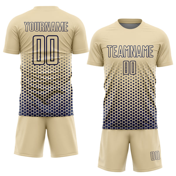 Custom Cream-Navy Geometric Hexagonal Dot Gradient Sublimation Soccer Uniform Jersey