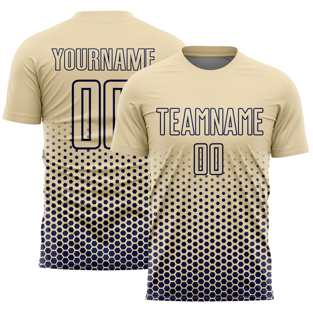 Custom Cream-Navy Geometric Hexagonal Dot Gradient Sublimation Soccer Uniform Jersey