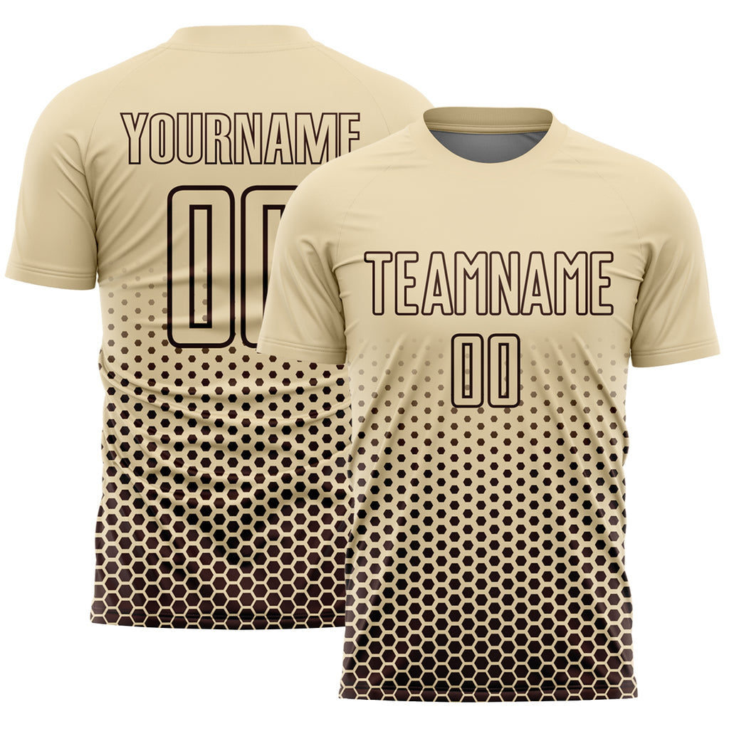 Custom Cream-Brown Geometric Hexagonal Dot Gradient Sublimation Soccer Uniform Jersey