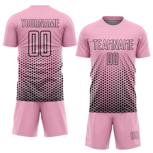 Custom Light Pink-Black Geometric Hexagonal Dot Gradient Sublimation Soccer Uniform Jersey