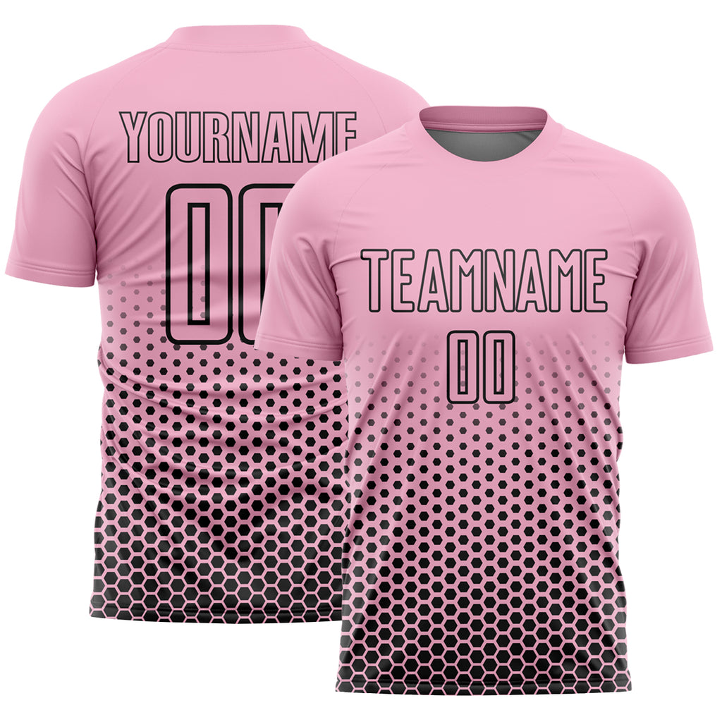 Custom Light Pink-Black Geometric Hexagonal Dot Gradient Sublimation Soccer Uniform Jersey