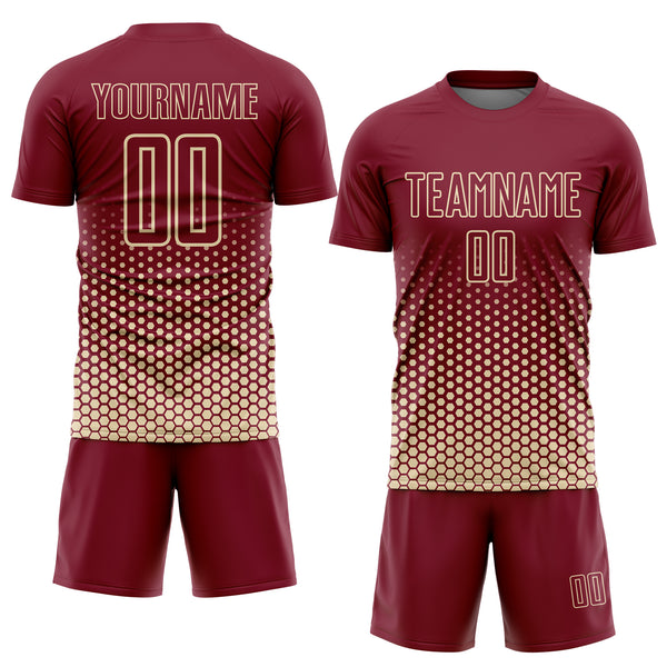 Custom Crimson-Cream Geometric Hexagonal Dot Gradient Sublimation Soccer Uniform Jersey