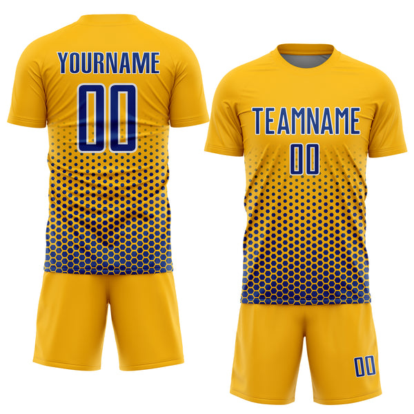 Custom Gold Royal-White Geometric Hexagonal Dot Gradient Sublimation Soccer Uniform Jersey