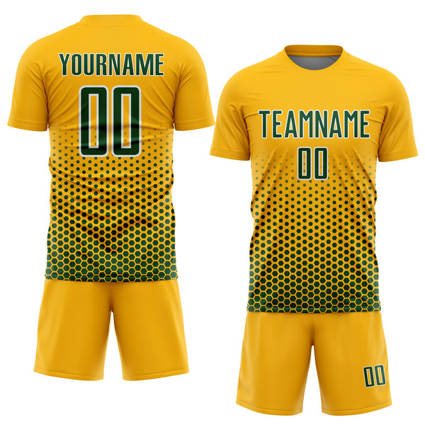 Custom Gold Green-White Geometric Hexagonal Dot Gradient Sublimation Soccer Uniform Jersey