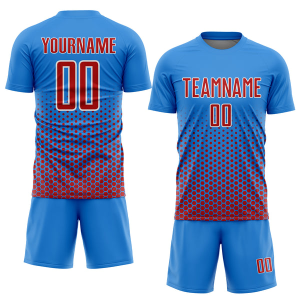 Custom Powder Blue Red-White Geometric Hexagonal Dot Gradient Sublimation Soccer Uniform Jersey